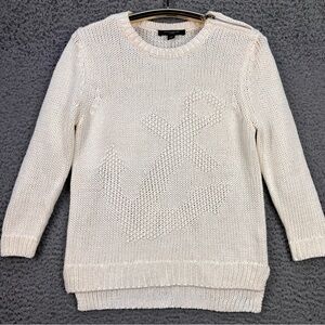 Ann Taylor Anchor Sailor Nautical Ivory Sweater Small Petite Gold Zip 3/4 Sleeve